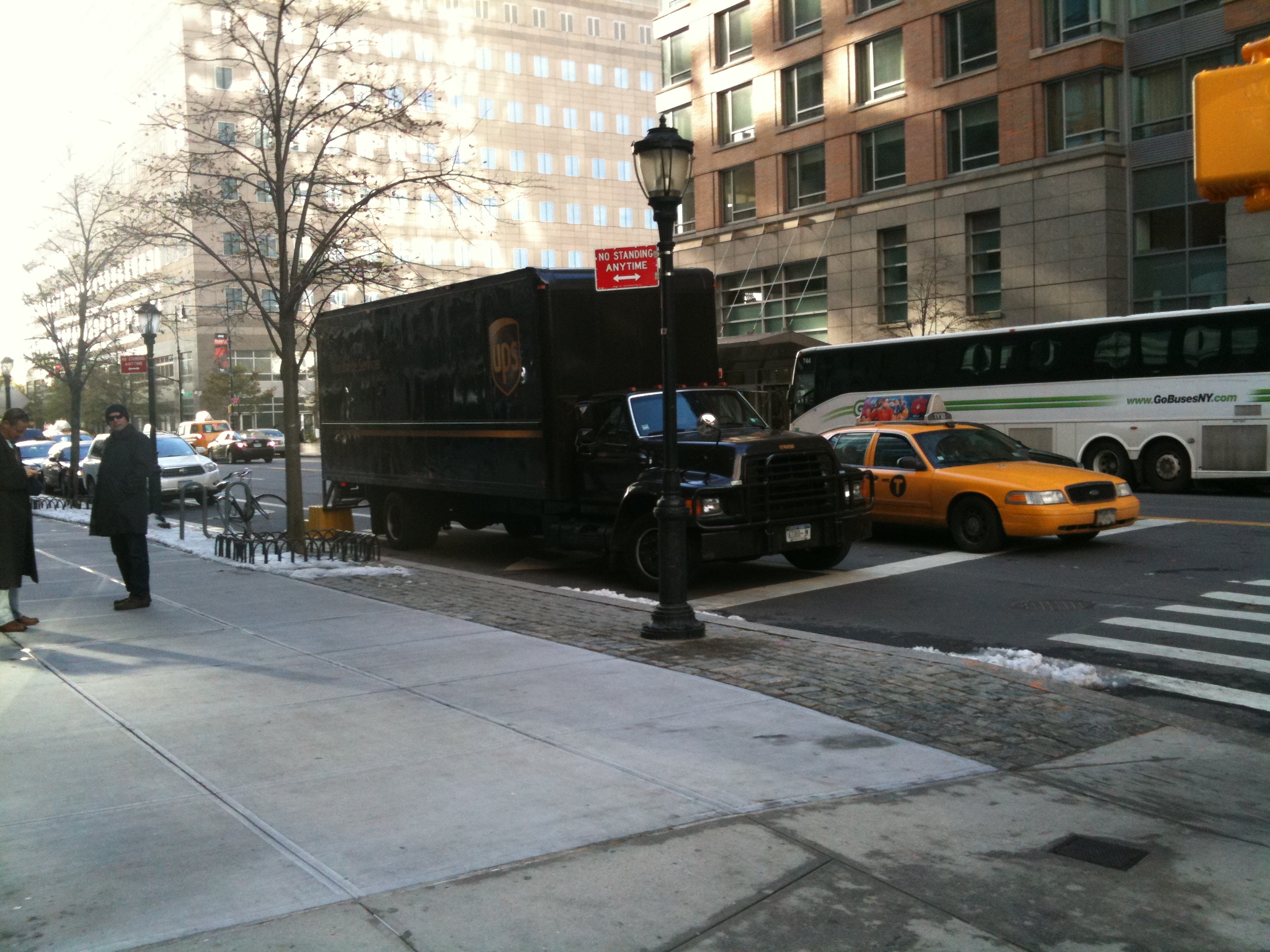UPS truck in November, parking illegally on North End Avenue