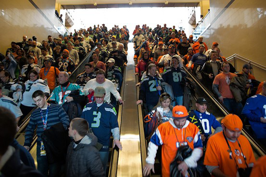 Super Bowl fans in mass transit