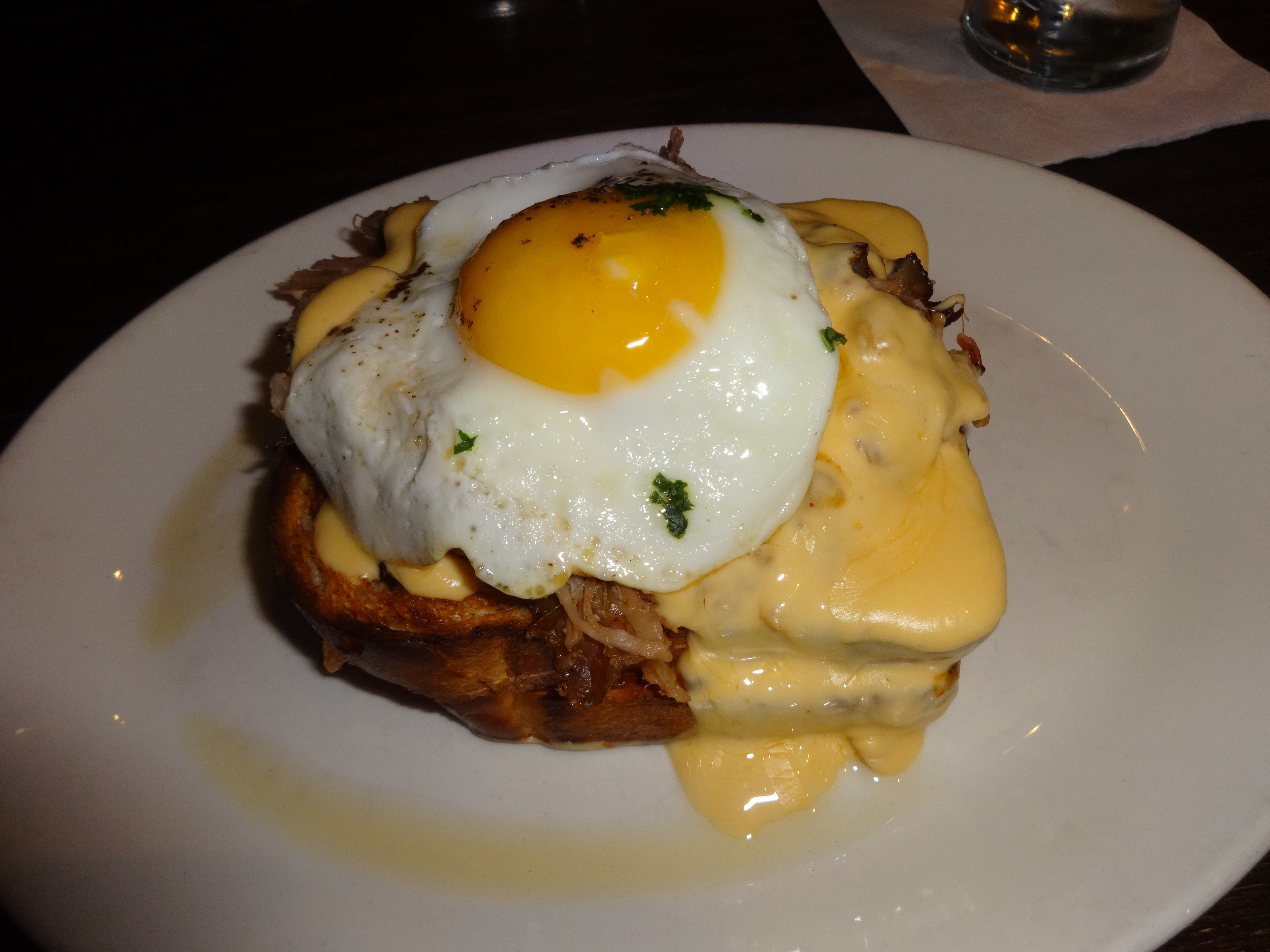 Blue Smoke mess grilled cheese egg pulled pork