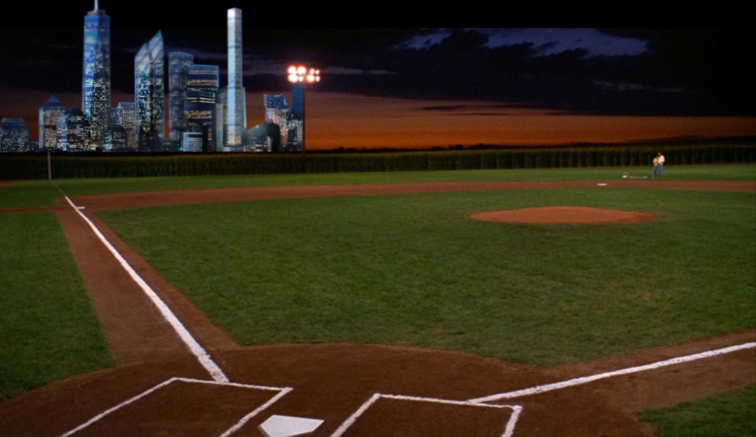 Field of Dreams baseball park with skyscrapers